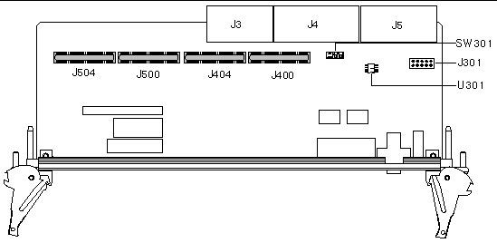 This illustration shows some on-board connectors and interfaces on the transition card.