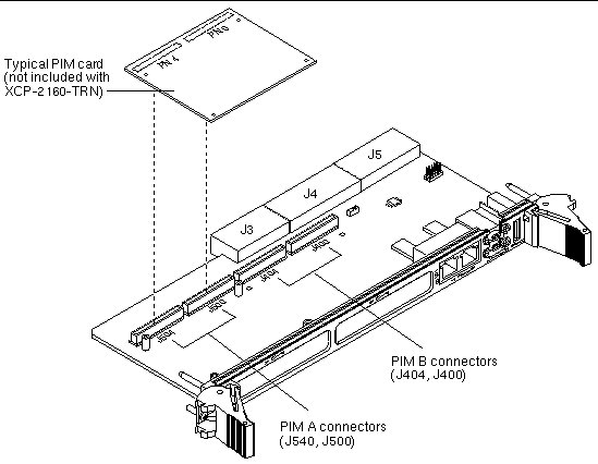 This is a typical view of a PIM card and the PIM connectors on the transition card.