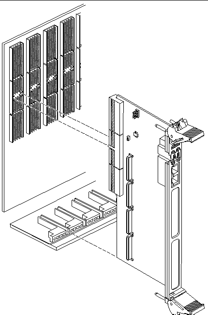 This illustration shows how to carefully align the transition card while installing it into a typical backplane.