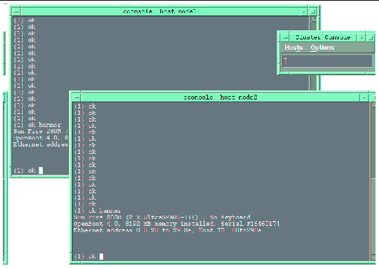 Screen shot showing the cconsole windows for node 1 and node 2.