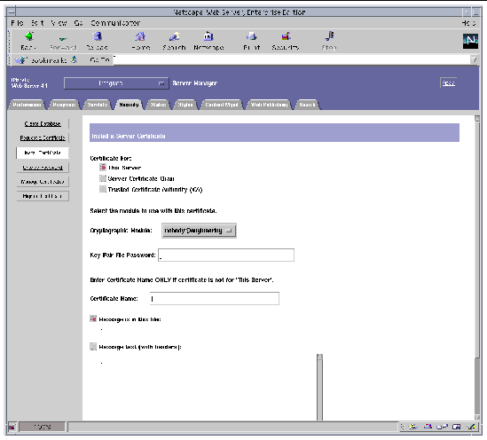 Screenshot of the Install Certificate window of the Netscape Web Server Enterprise Edition graphical user interface.