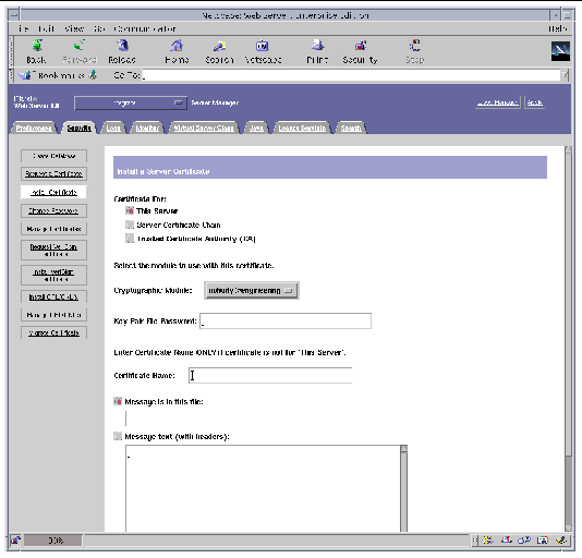 Screenshot of the Install Certificate window of the Netscape Web Server Enterprise Edition graphical user interface.