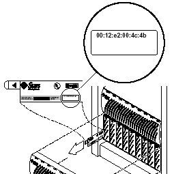 Line art showing the Ethernet address pull-tab on the Sun StorEdge Disk array.