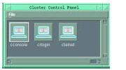 Graphic showing the Cluster Control Panel with the cconsole, crlogin, ctelnet icons.