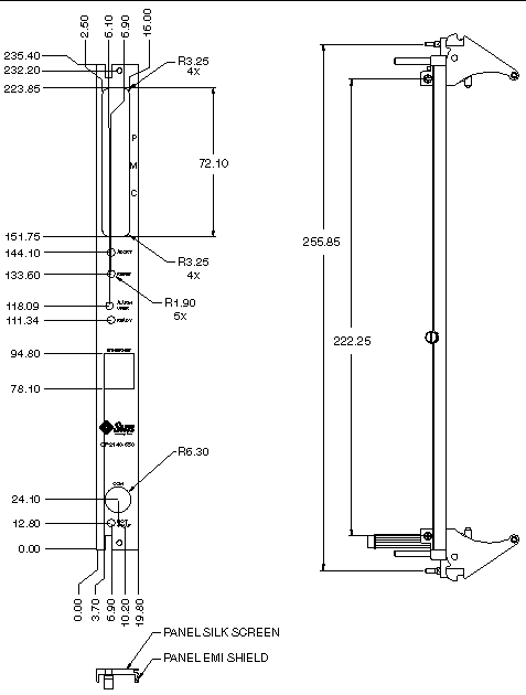 This is a mechanical drawing of the CP2140 board front panel.