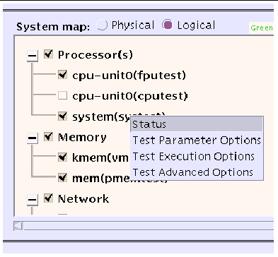 Screenshot of the SunVTS system map that illustrates a test-specific options pop-up window that is displayed from right-clicking on a test.