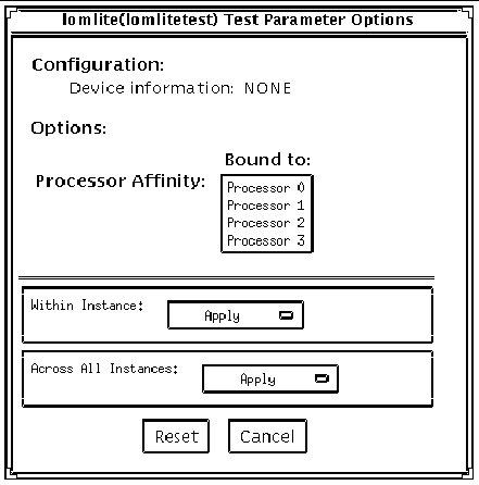 Screenshot of the lomlitetest Test Parameter Options dialog box.