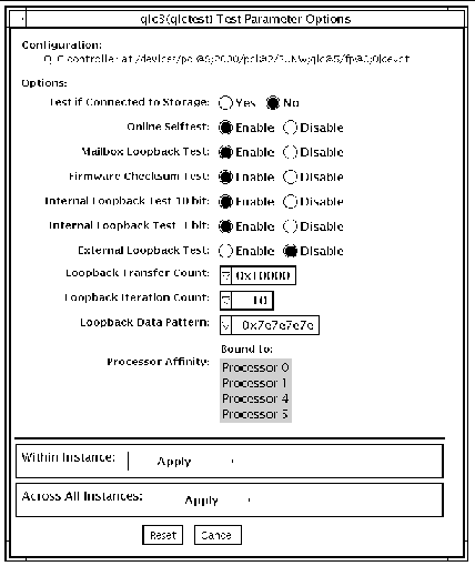 Screenshot of the qlctest Test Parameter Options dialog box.