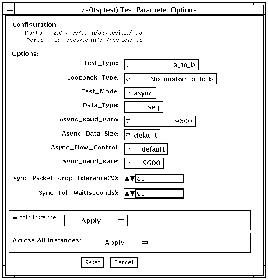 Screenshot of the sptest Test Parameter Options dialog box.