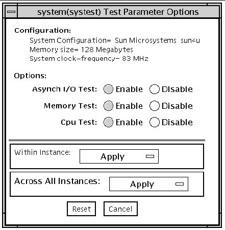 Screenshot of the systest Test Parameter Options dialog box.