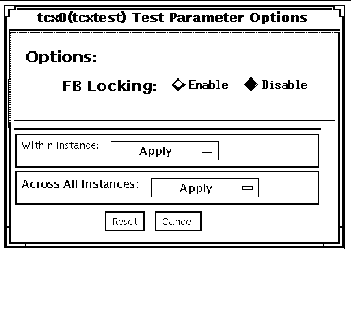 Screenshot of the tcxtest Test Parameter Options dialog box.