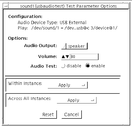 Screenshot of the usbaudiotest Test Parameter Options dialog box.