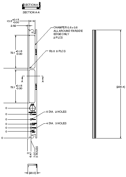 Figure showing the mechanical dimensions of the front panel.