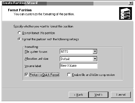 Screen capture showing the Create Partition Wizard window with partition size specified