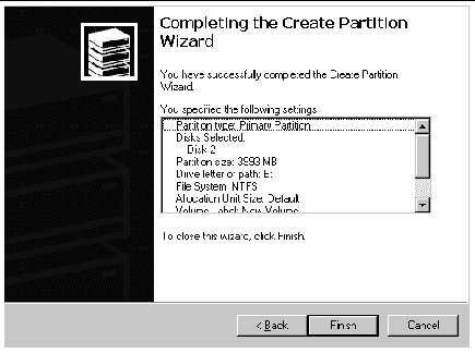 Screen capture showing the final Create Partition Wizard window confirming the settings you have specified