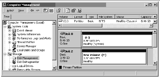 Screen capture showing the Disk Management window with the new disk format information displayed
