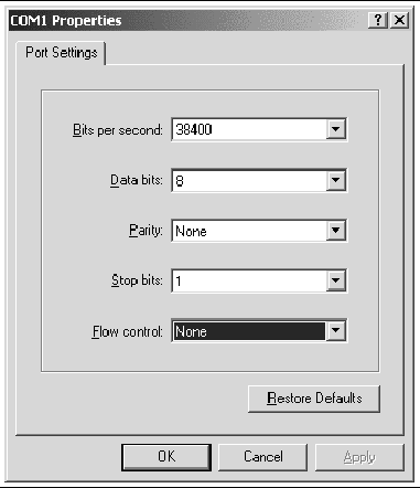 Screen capture showing correct serial port parameters for connecting to the array
