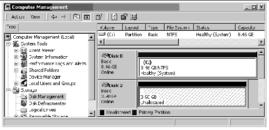 Screen capture showing the Disk Management window and disk information for each available disk