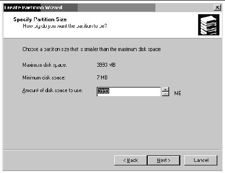 Screen capture showing the Create Partition Wizard window with partition size specified