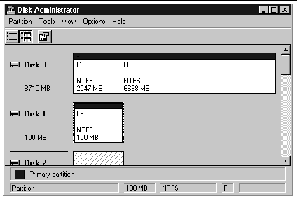 Screen capture showing Disk 1 with NTFS 100 MB displayed.