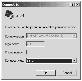 Screen capture showing the Connect To window with COM1 selected in the Connect Using drop-down window.