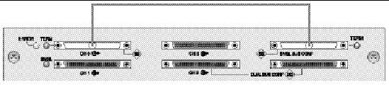 The RAID array single bus configuration shows the SCSI jumper cable connected between the "CH 0 OUT" port and "SNGL BUS CONF" port.