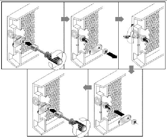 Illustration showing the five steps in changing front bezel locks so the keys cannot be removed