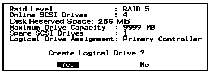 Screen capture shows a prompt "Create Logical Drive?" which includes the new logical drive information. 
