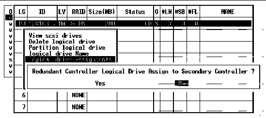 Screen capture shows the "logical drive Assignments" command displayed, then the "Redundant Controller Logical Drive Assign to Secondary Controller?" prompt.