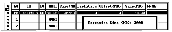 Screen capture shows a selected partition and Partition Size <MB>: 3000.