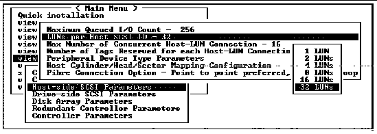Screen capture shows "LUNs per Host SCSI ID" parameter selected through the "view and edit configuration parameters," then "Host-side SCSI Parameters."