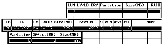 Screen capture showing a LUN number and partition selected.