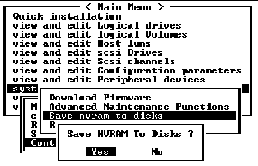 Screen capture shows the "Save nvram to disks" command accessed through the "system Functions" command and "Configuration Parameters" command. 