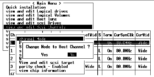 Screen capture shows the "channel mode" command selected in the "view and edit Scsi channels" window.