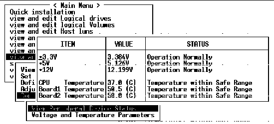 Screen capture showing voltage and temperature status of the RAID unit. 