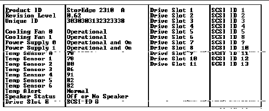 The SAF-TE Device status window displays the SAF-TE firmware version, and the status of temperature sensors, power supplies, beeper, fans, and slots.