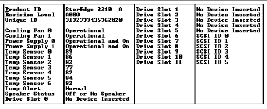 This SAF-TE Device status window displays "No Device Inserted", which omits drive status of half the drives in dual bus configurations. 