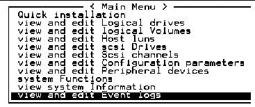 Screen capture showing the main menu with "view and edit Event logs" selected.