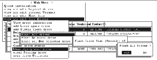 Screen capture shows good drives with the "Flash All Drives" command, accessed through "view and edit scsi Drives" command and the "Identifying scsi drive" command. 