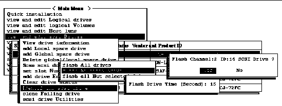Screen capture shows how to flash a selected drive through the "view and edit scsi Drives" command, then the "Identifying scsi drive" command.