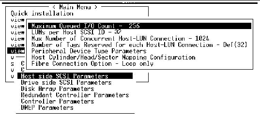 Screen capture shows "Host-side SCSI Parameters" selected from the Main Menu and the Maximum Queued I/O Count set at 256 and selected.