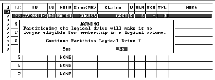Screen capture shows a Warning notice with "Continue Partition Logical Drive?" prompt displayed and "No" selected.