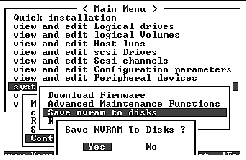 Screen capture shows the "Save nvram to disks" command accessed through the "system Functions" command and "Configuration Parameters" command. 