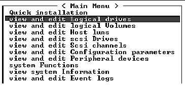 Screen capture shows "view and edit Logical drives" selected on the Main Menu.