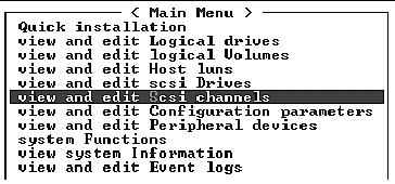 Screen capture shows "view and edit Scsi channels" selected on the Main Menu.