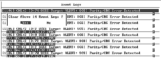 Screen capture shows the "Clear Above 14 Event Logs?" prompt displayed and "Yes" selected.