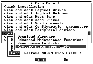 Screen capture shows the "Restore NVRAM From Disks?" prompt with "Yes" selected.
