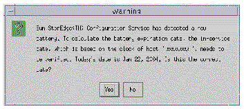 Screen capture showing the warning message if Sun StorEdge Configuration Service detects a new battery.