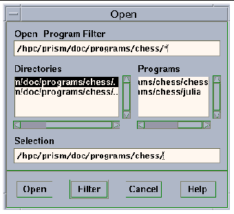 Screenshot of the Open Program Filter dialog box showing filter, directory and program lists, and the current pathname. Buttons are Open, Filter, Cancel, and Help.