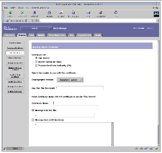 Screenshot of the Install a Server Certificate Page of the Sun ONE Web Server 6.0 Administration Server
